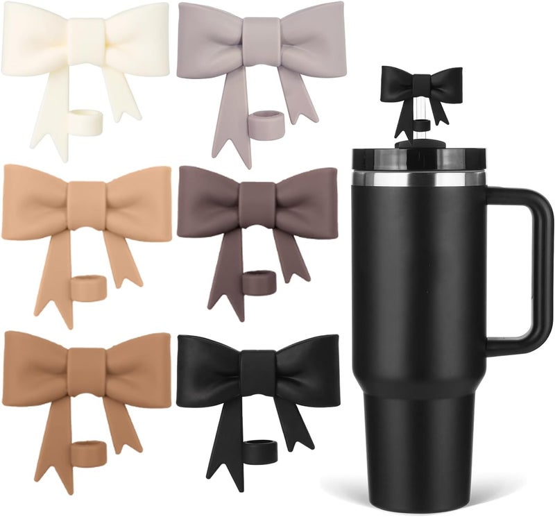 HIUSITY Black Bow Straw Cover Topper for Stanley Cup,Silicone Beige Straw Toppers for Tumbler with Handle 40oz,Cute 10mm/0.4in Straws Covers Cap,Reusable Lids for Stanley Cups Accessories, 6Pcs - Image 1
